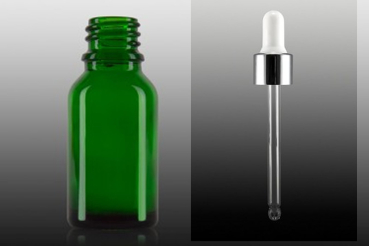 10 ml Glasflasche grün transparent mit Aluminium Tropfer silber glänzend